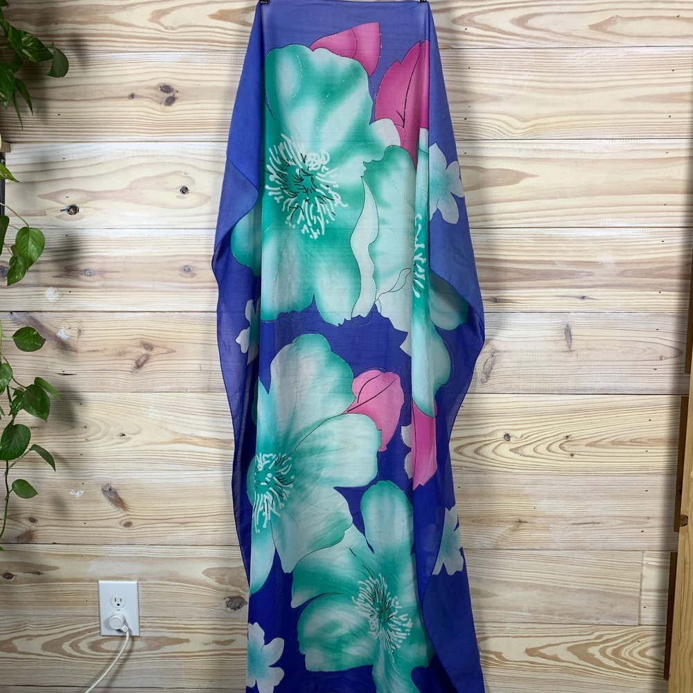 Moda Italy Scarf‎ Womens OS Purple Teal Floral Chiffon Gold Metallic Trim Shawl